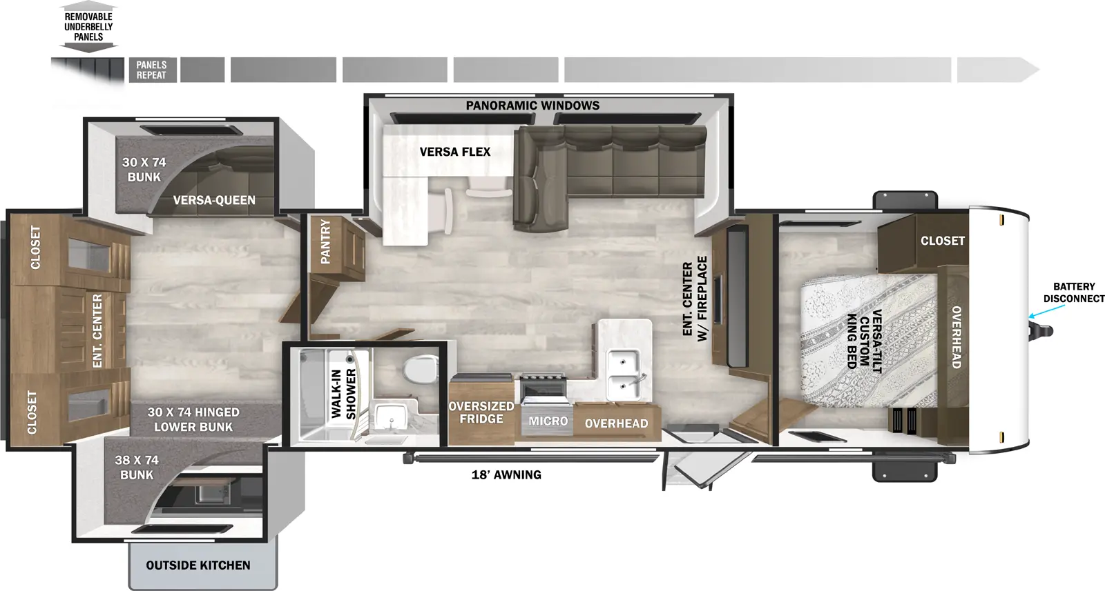 The Salem 31KQBTS has one entry and three slide outs. Exterior features include: metal or fiberglass exterior, 18' awning and outside kitchen. Interiors features include: bunk beds and front bedroom.